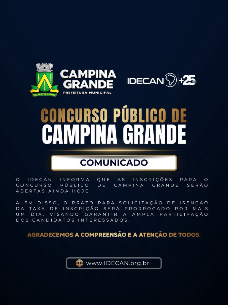 Concurso Público de Campina Grande terá inscrições abertas ainda hoje, informa IDECAN
